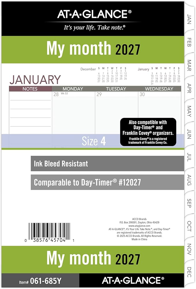 AT-A-GLANCE 2027 Planner Refill, Monthly, 5.5" x 8.5", Desk Size 4, Tabbed, 7-Ring Loose-Leaf, Unruled Blocks (061-685Y-27)