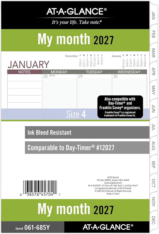 AT-A-GLANCE 2027 Planner Refill, Monthly, 5.5" x 8.5", Desk Size 4, Tabbed, 7-Ring Loose-Leaf, Unruled Blocks (061-685Y-27)