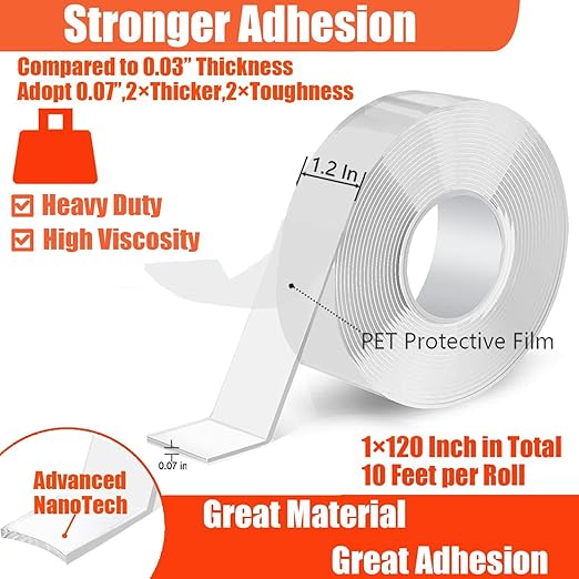 Double Sided Heavy Duty Extra Strong Adhesive Tape - 1.2 Inch x 10 feet - Removable Nano Tape for Poster Carpet Picture Hanging Strip Rug Wall Outdoor - Adhesive Multipurpose Clear Mounting Tape