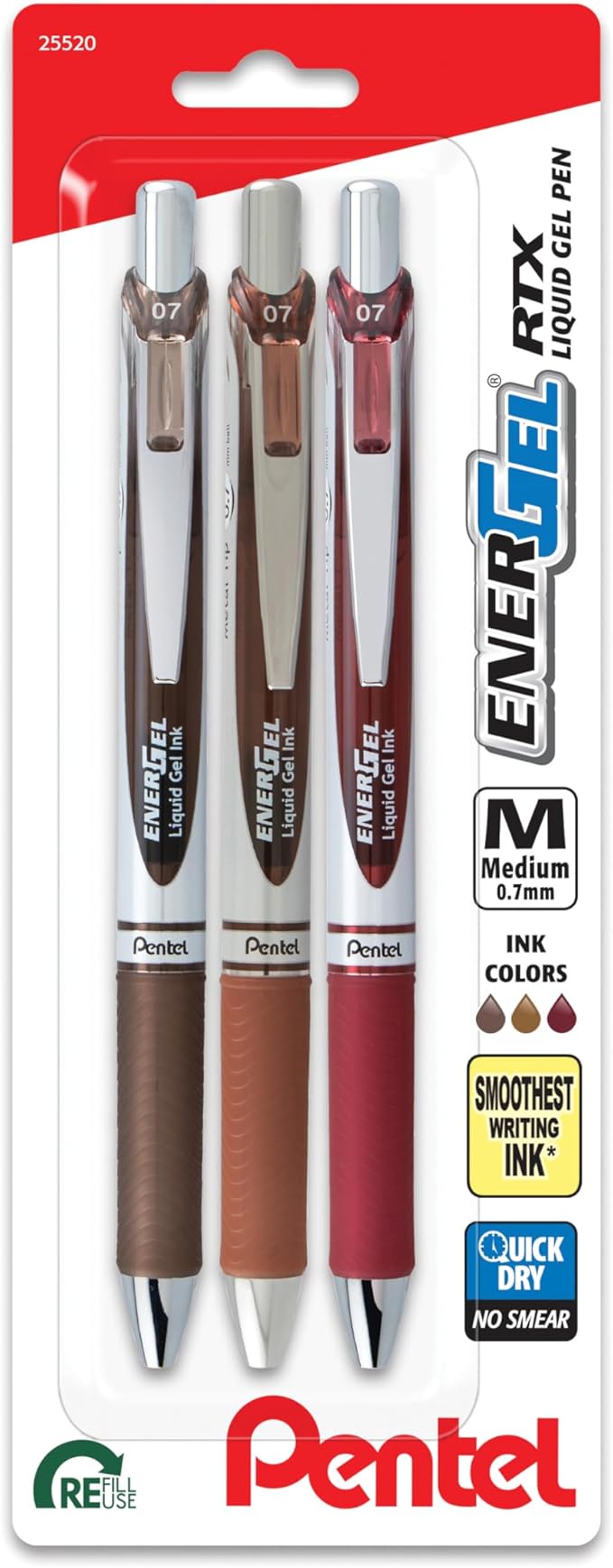 Pentel EnerGel RTX Retractable Liquid Gel Pen, Change Hue, 0.7mm, Sepia, Brown and Burgundy Ink, Pack of 3 Pens (BL77CHABP3M)