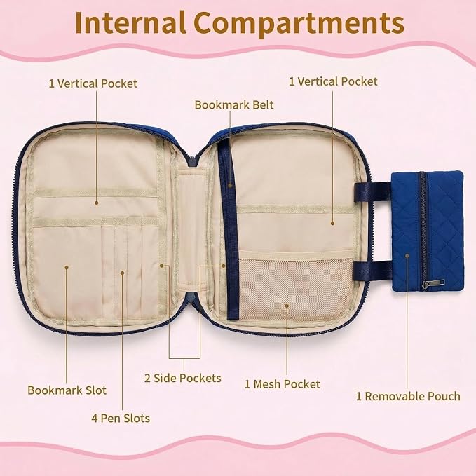 Quilted Bible Cover for Women, Zippered Bible Case with Handle, Bible Organizer Bag w/Multiple Pockets & Pen Slots Lightweight Bible Tote Bag for Church Study, Gifts for Women (Navy Blue)
