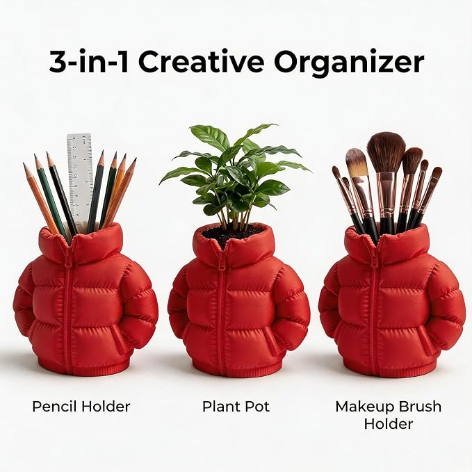 YOKUSHI Down Jacket Pen Holder, 3D Printed Funny Puffer Jacket Pencil Holder, Creative Desk Organizer for Office Supplies, Cute Unique Stationery Holder for Desk, Quirky Gift for Women Men (Red)