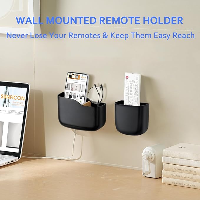 SUNFICON Remote Holder Wall Mount TV FAN Remote Control Holder Bedside Caddy Wall Organizer Phone Holder for Office Adhesive Media Player Controller Holder Box Tray Home Desk Nightstand 2 SMALL BLACK