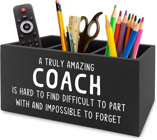 Coach Gifts Pen Pencil Holder Organizer for Desk, Best Coach Gift, Thank You Appreciation Gifts for Coaches Women Men Wooden Box Sign for Home Office Workplace Desk Tabletop Decorations
