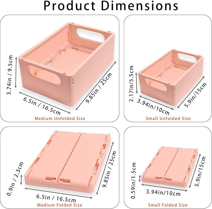 Plastic Storage Crate Folding Desk Organizer Basket Set of 4, 2 Medium+2 Small Collapsible Storage Bins Portable Organizing Crates for Office Classroom Kitchen Bedroom Bathroom Desktop Drawer, Pink