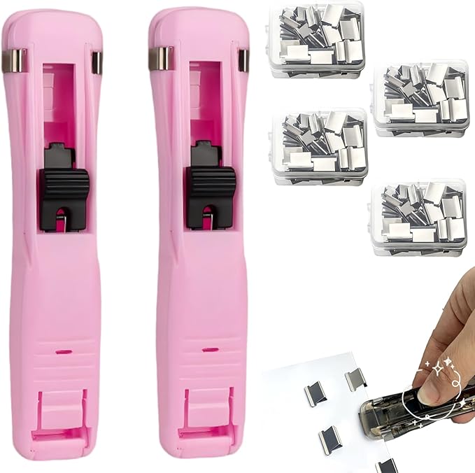 2 Pack Portable Binder Clip Stapler - Damage-Free Paper Clam Clip Dispenser with 200 Reusable Metal Clips, One-Hand Push Fastener Holds 40 Sheets for Office, School & Desk Organization, (Pink)