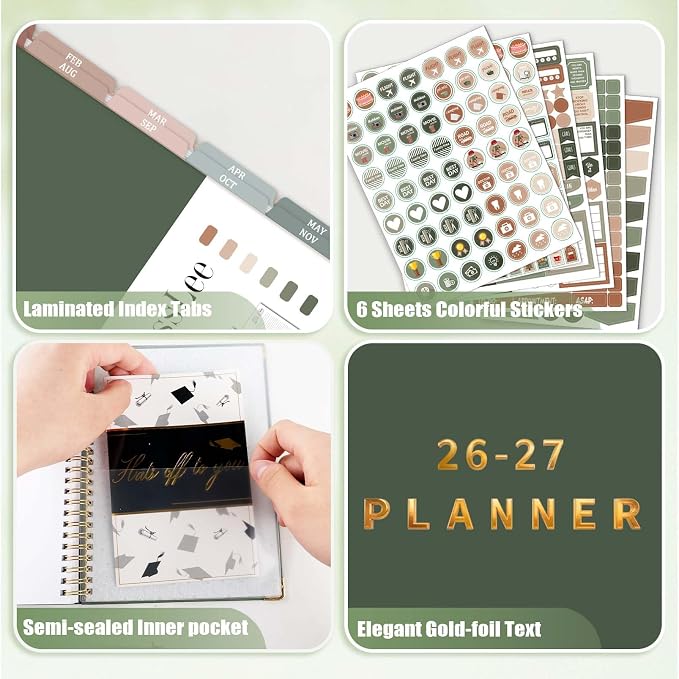 Large 2026-2027 Academic Planner - Hardcover Daily Planner from Jul. 2026-Jun. 2027 - A4 Weekly & Monthly Calendar Agenda Organizer Book with Stickers, Back Pocket, Coated Tabs - 8.5"x 11", Dark Green
