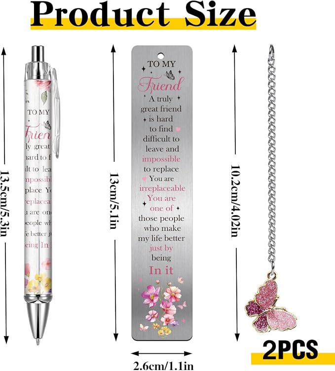 Friends Inspirational Metal Bookmark - 2 Pcs Best Friend Book Marks Friendship Charm Flowers Page Markers with Pen Butterfly Pendant for Reading Lovers Women Birthday Gifts Accessories