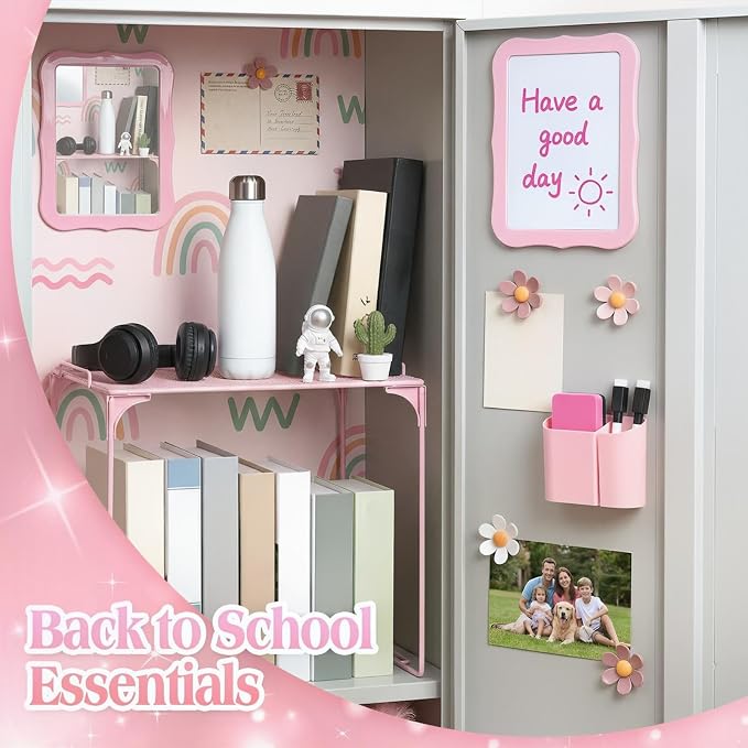 Colarr 16 Pcs Pink Locker Accessories for Girls Includes Magnetic Whiteboard & Mirror Locker Shelf Pen Holder 2 Dry Erase Marker & Eraser 9 Flowers for Back to School Essentials Decoration