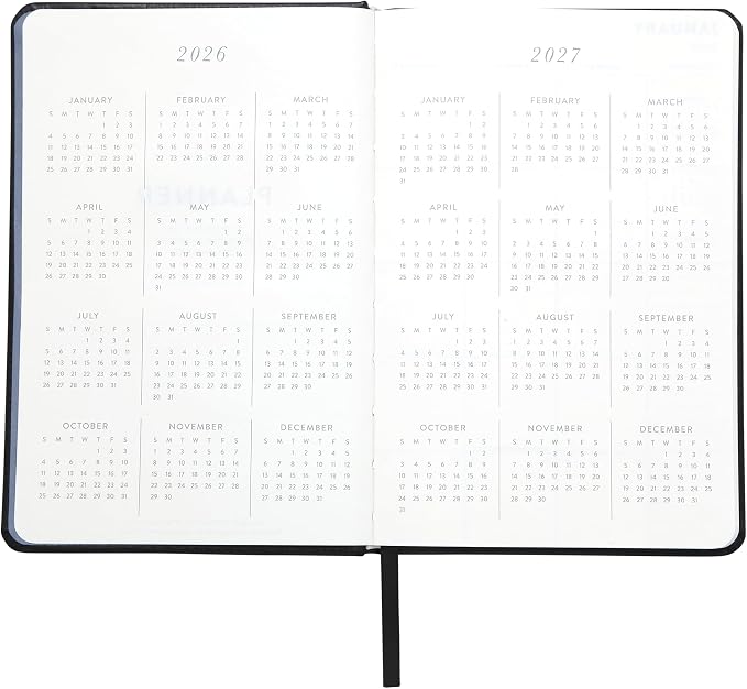 WORLD TRAVELER 2026 Planner - 6x8 Inch Weekly and Monthly Calendar Planner Agenda Book with Bookmark & Ribbon for School and Office, Size 6X8, Black Leather