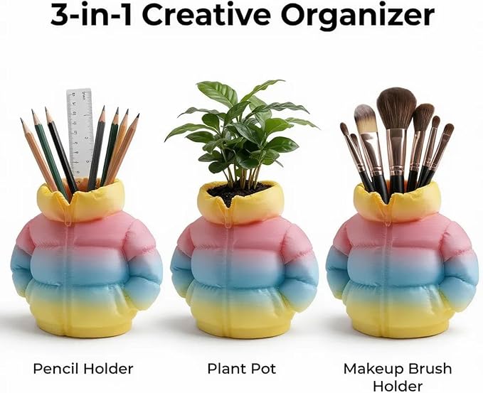 YOKUSHI Down Jacket Pen Holder, 3D Printed Funny Puffer Jacket Pencil Holder, Creative Desk Organizer for Office Supplies, Cute Unique Stationery Holder for Desk, Quirky Gift for Women Men (Colored)