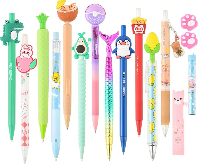 12PCS Cute Kawaii Mechanical Pencils Set with Lead Refills and Erasers, 0.5mm & 0.7mm Point, Bulk Mechanical Pencils for Kids Girls
