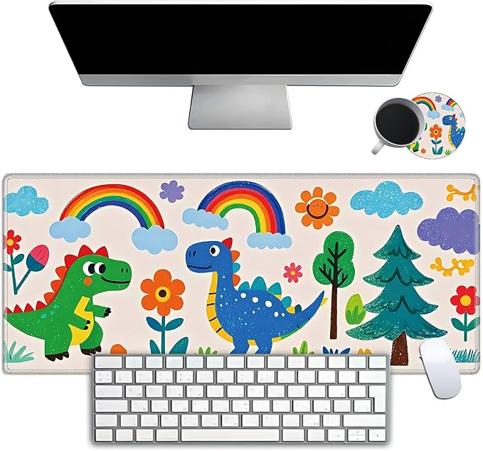 Mouse Pad Gaming Mousepad 31.5x11.8 Inch XXL Large + Coasters,Desk Mat with Stitched Edges, Non-Slip Rubber Base, Thick Mouse Pad for Computer, Laptop, Office & Home - Cartoon Dinosaur