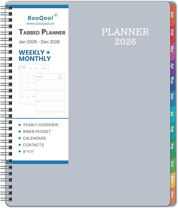 2026 Planner – 2026 Planner Weekly and Monthly, 9" x 11", Large, Jan 2026 – Dec 2026, 12 Monthly Tabs, Strong Twin-Wire Binding, Inner Pocket, Hardcover, Grey