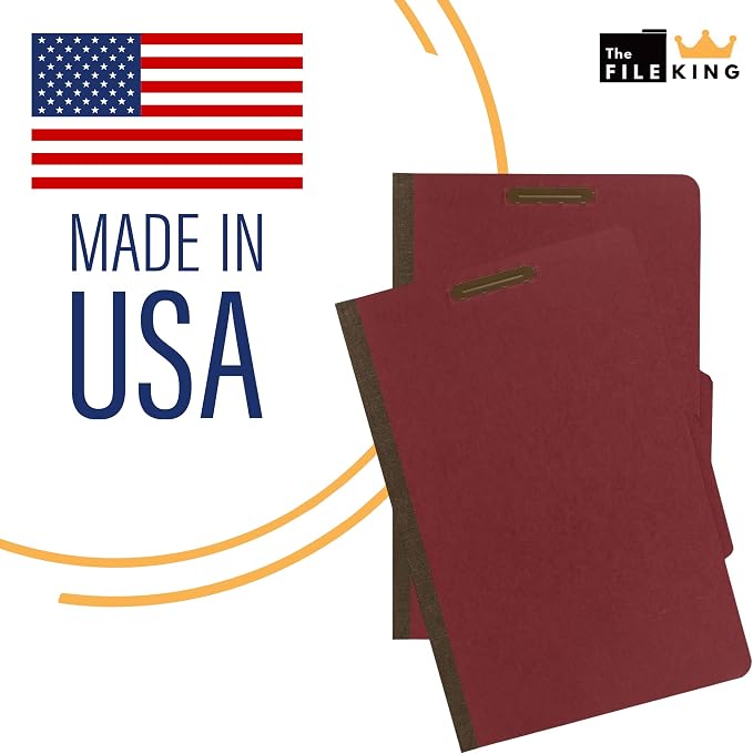 The File King Pressboard Classification Ruby Red Partition File Folder | Legal Size - Box of 10 | Two Dividers | Six 2” Durable Fastener Prongs | 2/5 Cut Top Tab | 2” Expansion