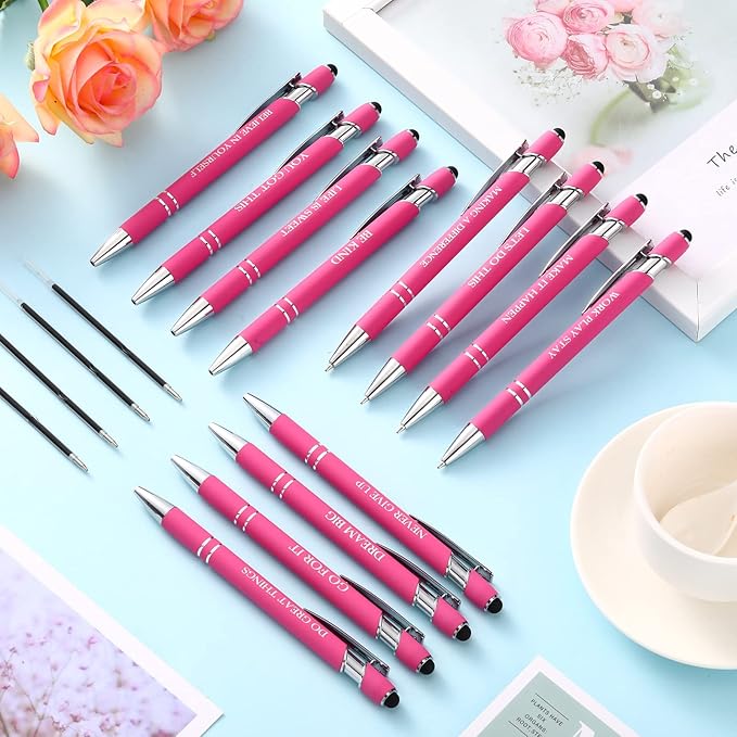 Zonon 12 Pcs Inspirational Pens Gift Set Funny Ballpoint Pen with Stylus Tip Motivational Graduation Gifts Bulk for Teacher Coworkers Nurse School Office Supplies(Pink,Motivational Style)