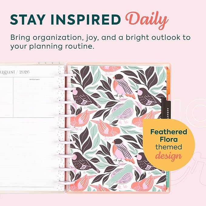 Happy Planner Disc-Bound Planner July 2026–June 2027, Includes 3 Extra Months and 2 Sticker Sheets, Classic Size, 7" x 9.25", Horizontal Layout, Feathered Flora