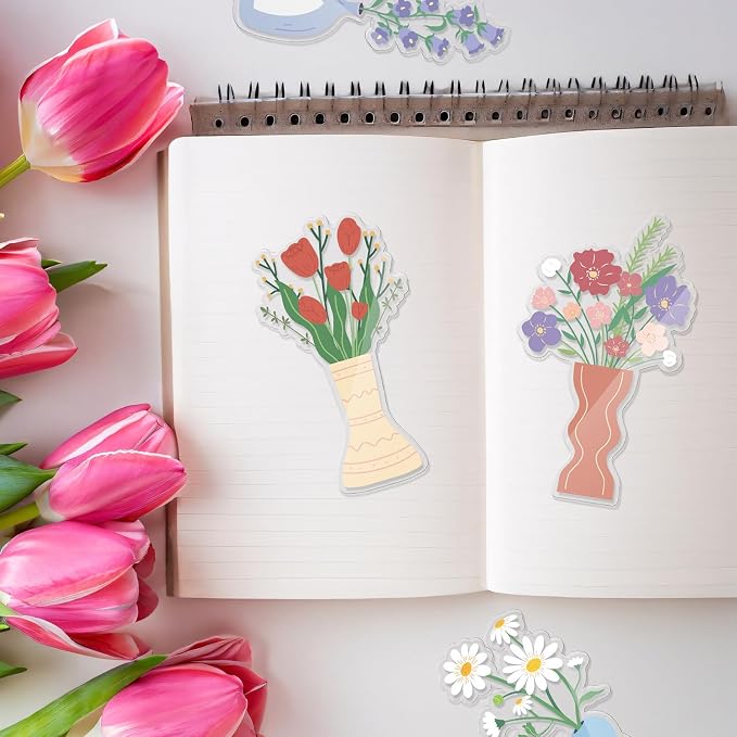 Honoson 6 Pcs Flower Vase Bookmarks Tea Garden Coquette Design Bookmarks Cute Hand Embroidered Gift for Women Mom Mother's Day Book Reading Lovers Gift
