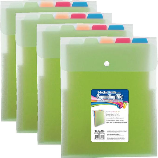 BAZIC Products 5-Pocket Vertical Expanding File, Letter Size, Accordion Poly Body, for School Office Documents, 4 Pack