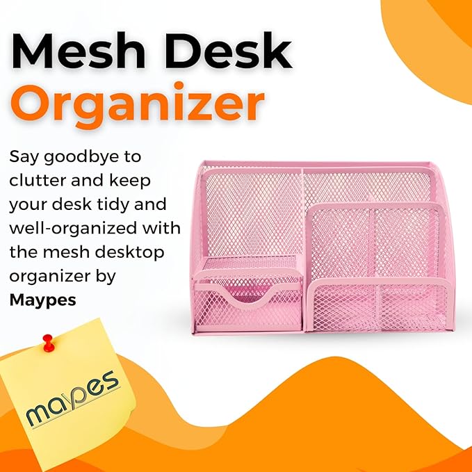 Mesh Desk Organizer - Office Accessories with Sticky Notes, 6 Compartments, Drawer & Pen Holder for Home, School