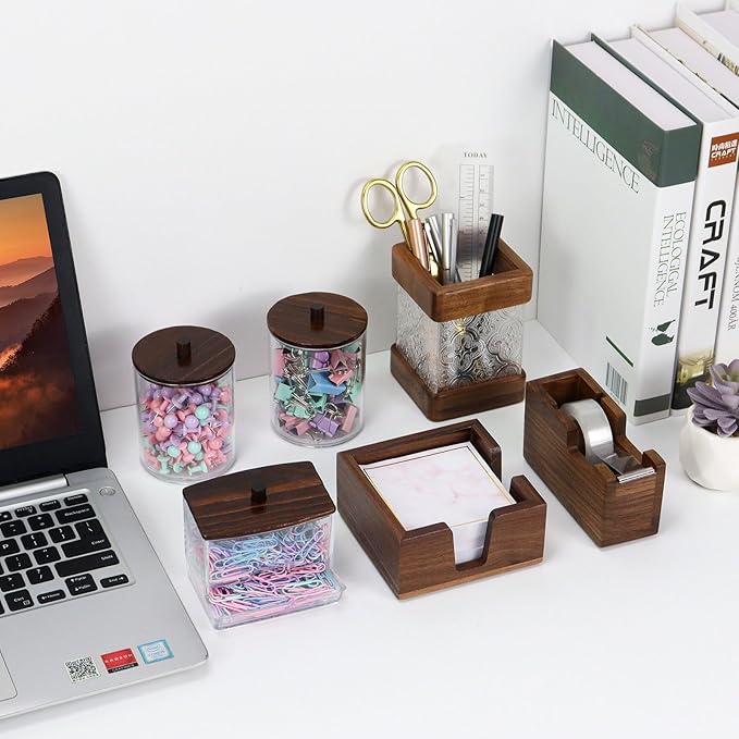Buqoo 6-Piece Walnut Wood Desk Organizer Set - Pen Holder with Acrylic Insert, Tape Dispenser, Sticky Note Holder, Paper Clip Holder for Home Office School Supplies