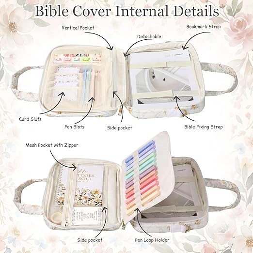 Capoda Bible Cover Case for Women, Bible Tote Bibles Study Supplies with Notebook Highlighters Ballpoint Pen Sticky Notes Scripture Card for Mother's Day Christian Gifts Women Mom Girls(Flower,Orange)
