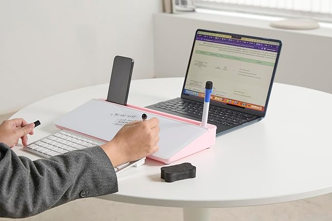 GAROOD Desktop Dry Erase Board with Storage (Pink Base) Desk White Board Desk Board Glass Desktop White Board with Stand Home Office Organizer Phone Holder 15.8X7X2 inches