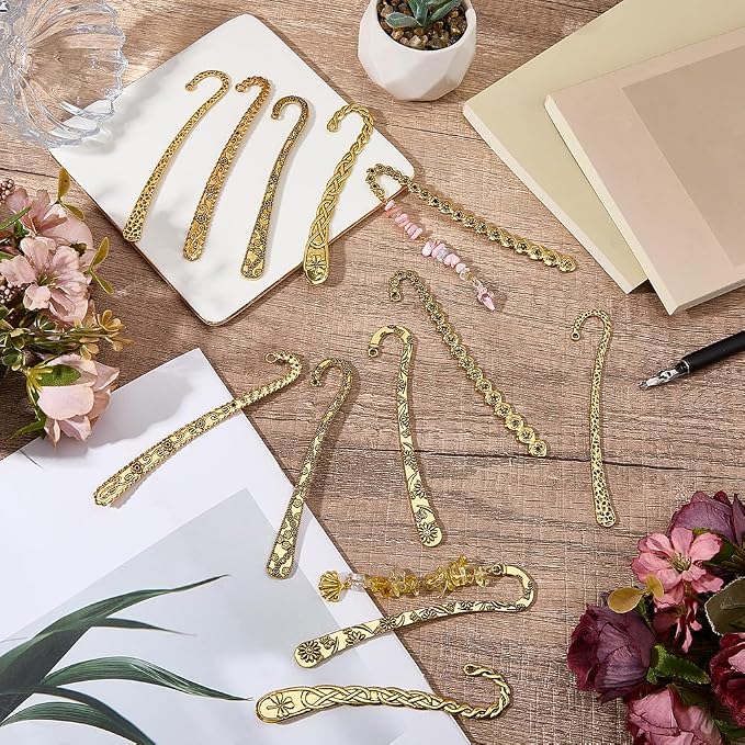 SUNNYCLUE 12Pcs 6 Styles Metal Bookmark Hairpin Hook Book Mark Alloy Vintage Antique Gold Flower Carved Bookmarks Findings with Hole Book Marker Blank for Crafts Teacher Reading Jewelry DIY Gifts