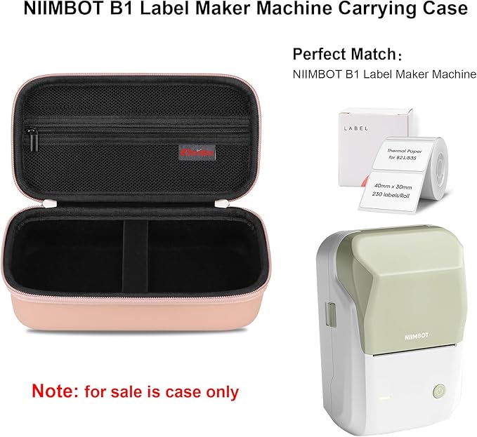 Elonbo Carrying Case for NIIMBOT B1 Label Maker Machine, Portable Mini Wireless Bluetooth Label Printer Travel Bag, Small Handheld Labeler Storage Holder, Mesh Pocket Fits Label Paper, Rose Gold