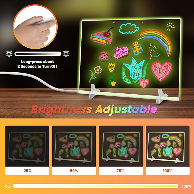 19 Highlighter,Led Note Board with Colors,13.8"X10",4 Modes & 7 Colors Lumiboard Led Drawing Board for Kids,Light Up Sign,Acrylic Dry Erase Board with Stand,Include Adapter,Hanging Chain,Spray Bottle