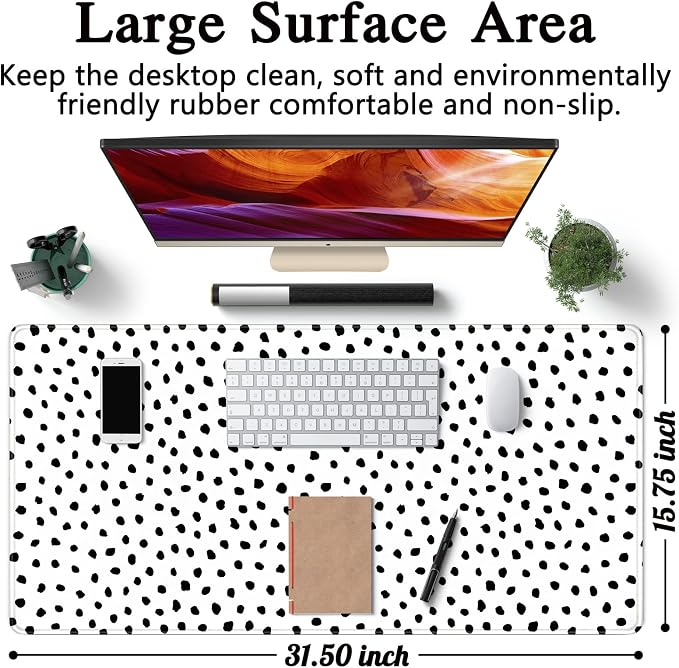 Boho Desk Mat, Polka Dot Large Mouse Pad Desk Pad Boho Desk Accessories for Women Office Decor, XXL Mousepad Long Laptop Keyboard Mouse Mat 31.5''X15.7'' Non-Slip Rubber Base with Stitched Edges