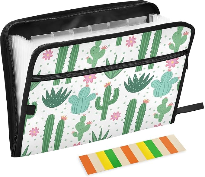 Expanding File Folder Cactus Pattern Accordion File Organizer 13 Pockets Document Organizer with Zipper Labels A4 Letter Office Storage