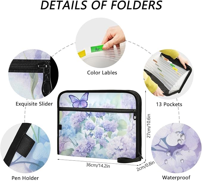 Expanding File Folder Purple Hydrangea Flower Butterfly Accordion File Organizer 13 Pockets Document Organizer with Zipper Labels A4 Letter Office Storage
