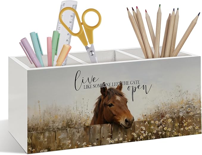 Inspirational Horse Pen Pencil Holder, Gifts for Horse Lovers, Live Like Someone Left the Gate Open Wooden Pen Pencil Organizer for Farmhouse Home Office Desk Decor