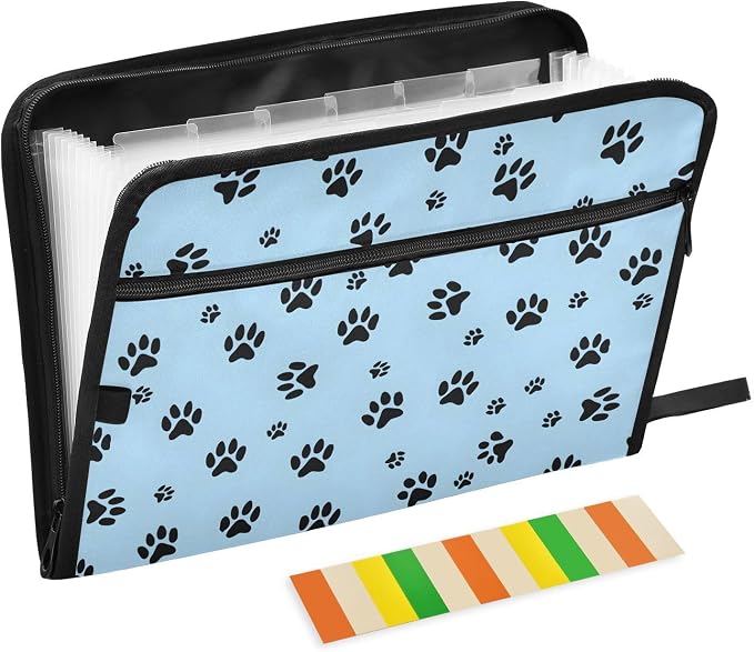 ALAZA Black Dog Paw Blue 13 Pocket Expanding File Folder with Labels, Accordion File Folder File Organizer Letter A4 Paper for Office School Student