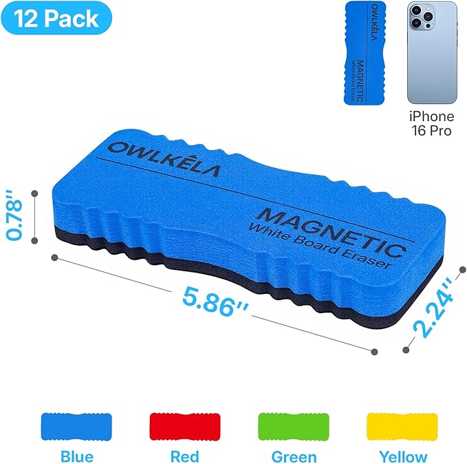 OWLKWLA Jumbo 12 Pcs Dry Erase Erasers, Magnetic White Board Eraser Bulk, Whiteboard Erasers for School, Office, Home, Classroom, 4 Color