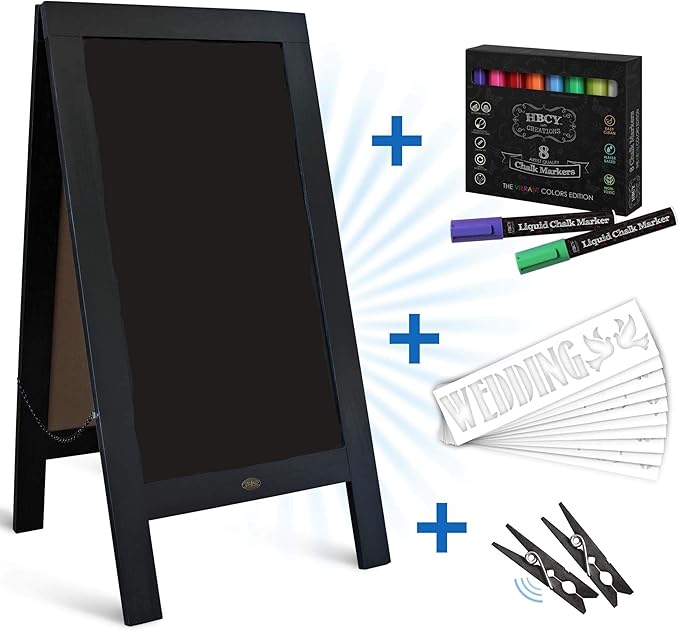 A Frame Chalkboard with Chalk Markers by HBCY Creations: 40x20 Solid Wood A-Frame Sign Gray Double-Sided Magentic Menu Board, Deluxe Set Includes 8 Chalk Markers, 10 Stencils, 2 Magnets