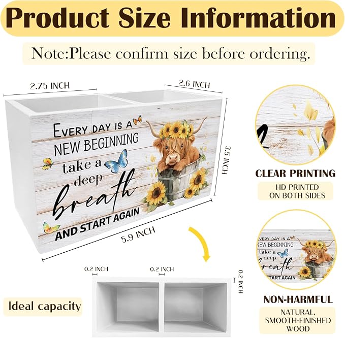Inspirational Highland Cow Pen Holder for Desk, Highland Cow Lover Gifts Pencil Organizer, Rustic Sunflower Heifer Wooden Box Sign Desk Decor for Girls Room Home Office Decoration