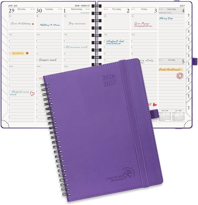 POPRUN Planner 2026-2027 (Medium - 6.5'' x 8.5'') Academic Weekly Calendar (July 2026 - June 2027) with Hourly Time Slots, Monthly Tabs, 100GSM Thick Papers, Spiral Leather Cover - Purple