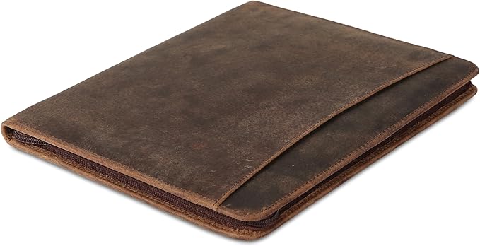 KomalC Leather Portfolio with Zipper Closure | Business Padfolio for Documents, Tablets & Accessories | Vintage Full-Grain Leather Organizer for Professionals
