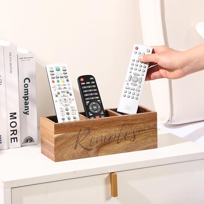 Remote Control Holder, Acacia Wooden Pencil Holder TV Remote Holder with 3 Compartments, Remote Caddy for Table, Small Desktop Organizer for Home Office