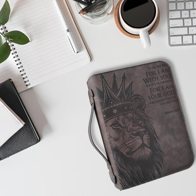 | Lion of Judah Bible Cover for Men & Women | Large Vegan Leather Bible Case with Pen | Fits Thick Study Bibles up to 10" L x 7" W x 2" H | Christian Gifts (Gray)