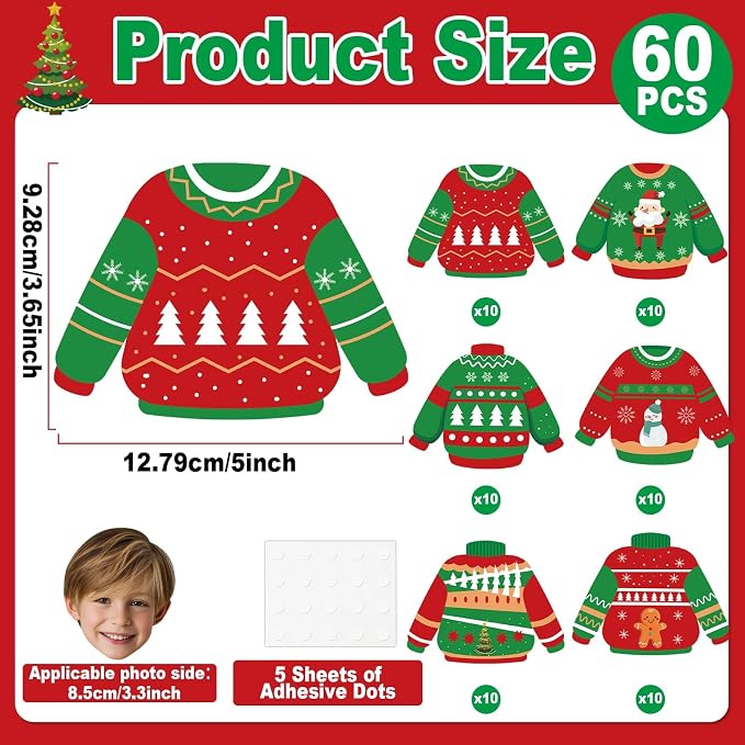 60Pcs Christmas Ugly Sweater Cutouts Bulletin Board Decoration Ugly Sweater DIY Photo Craft Cutouts Winter Classroom Supplies for Teacher Student Xmas Holiday Party School Chalkboard Wall Decor