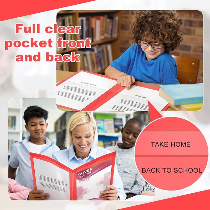 Henoyso 48 Pcs Take Home Folder Heavy Duty 2 Clear Front Pockets and 2 Inside Pockets Homework Folders for School Students Parent Teacher Classroom Communication (Red)