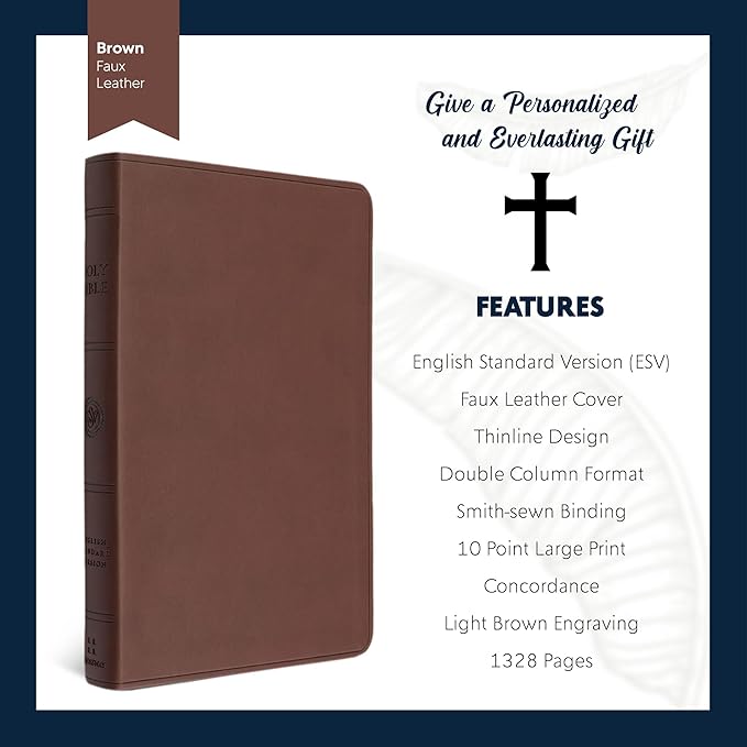 Personalized ESV Thinline Bible Large Print English Standard Version Faux Leather Holy Bible ESV with Custom Name, Date and Text | Custom Gift for Christian & Religious Celebrations | Brown