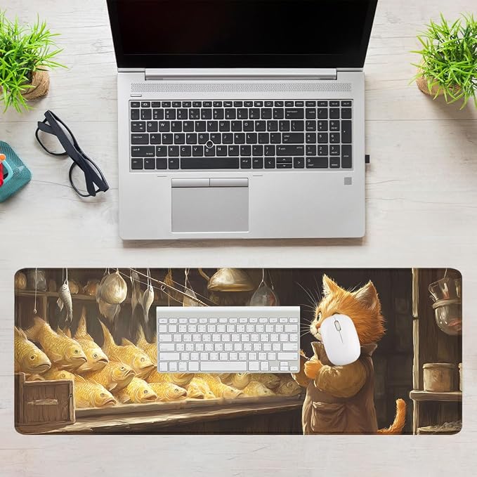 Cute Cat Gaming Mouse Pad Desk Pad Fishing Cartoon Golden Fish XL Mousepad Large Mousepad Extended Laptop Keyboard Mat Gaming Desk Pad Mouse Mat Office Computer Keyboard 31.5"x11.8"