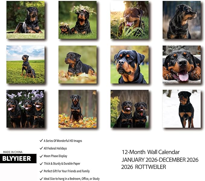 2026 Wall Calendar,ROTTWEILER Wall Calendar, 12" x 24" Open,Family Planner Calendar Organizer with ROTTWEILER Images, for Dogs Lovers