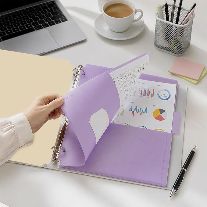 Binditek 6 Pack Pastel Pocket Folders for 3 Ring Binder, Plastic Folders with 2 Pockets, Unique 1/6 Cut Tabs with Colorful Labels, for Office Classroom, Letter Size