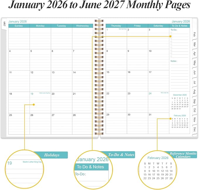 2026-2027 Monthly Planner - 18 Monthly Calendar, January 2026 - June 2027, Two Pages Per Month, 9" x11" Planner with Tabs, Strong Twin-Wire Binding, Inner Pocket, Rose Flowers