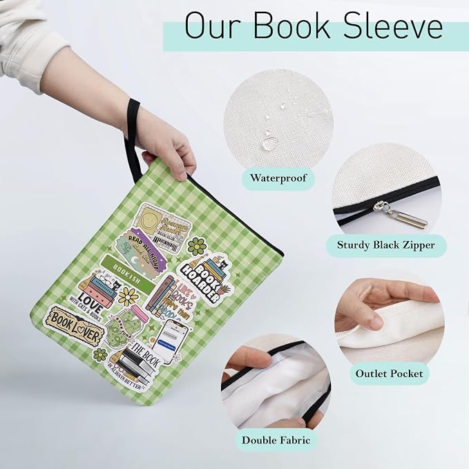 Black Cat Y2K Book Cover Gifts for Women Book Lovers Librarian Lovers Bookish Group Club, Green Checkered Collage Style Book Sleeve Pouch with Pocket Handle for Paperbacks